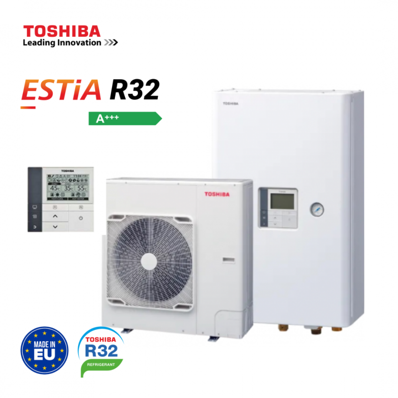 Toshiba, външно и вътрешно тяло термопомпа Estia R32 11,9kW, 230V (*) - цена: 12,640.02лв. (6462.74€)